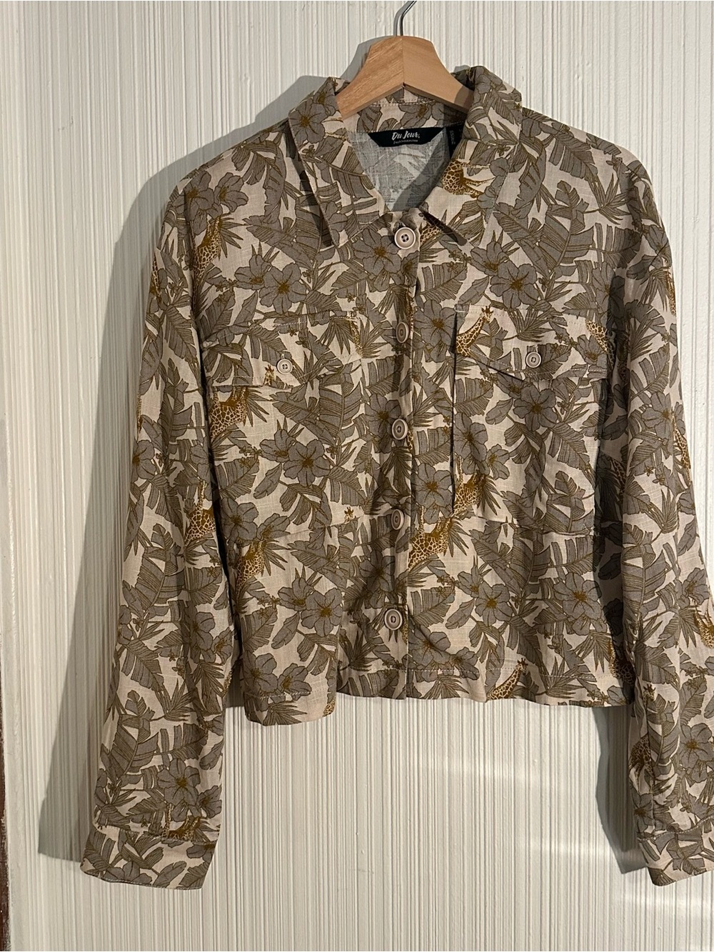 Du Jour Beige Floral jungle Safari Giraffe Print Cropped Top Jacket Sz M Retro